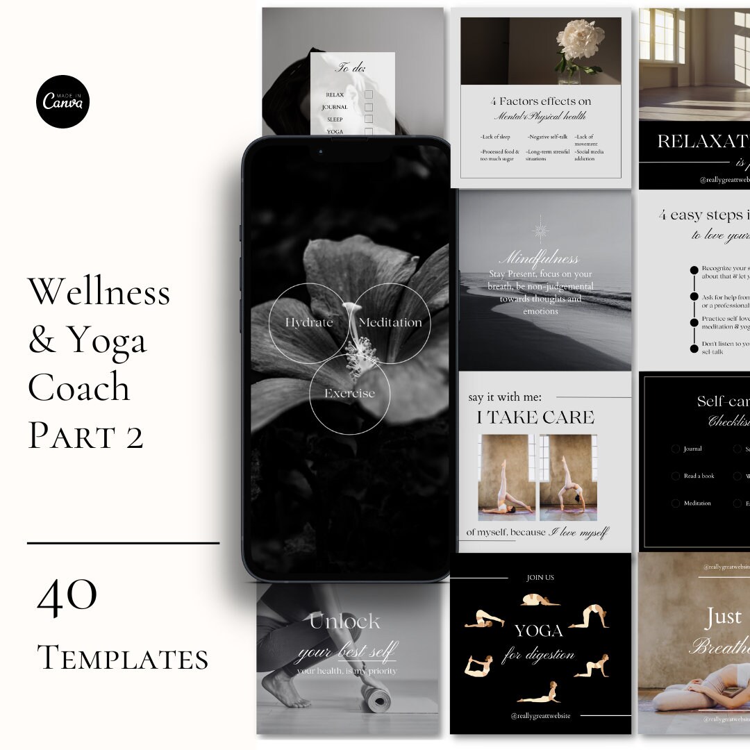 Yoga and Wellness Coach Aesthetic Instagram Posts Editable Canva ...