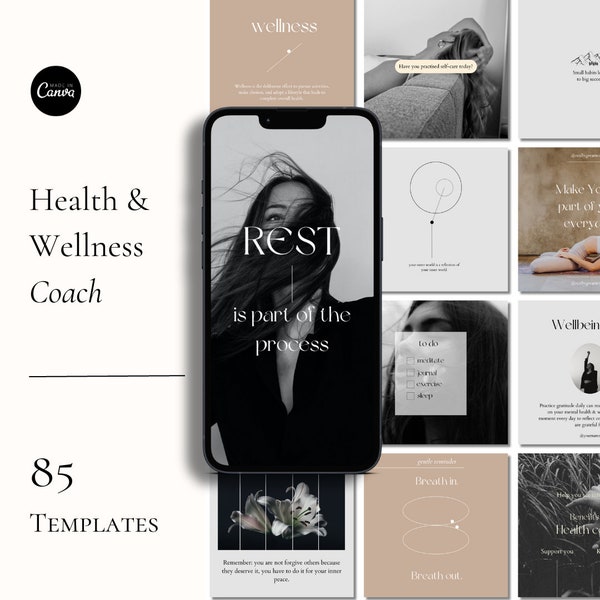 Coach santé, coach bien-être, coach nutrition, coach holistique, réseaux sociaux Canva, modèle Instagram, coach de vie, santé et bien-être