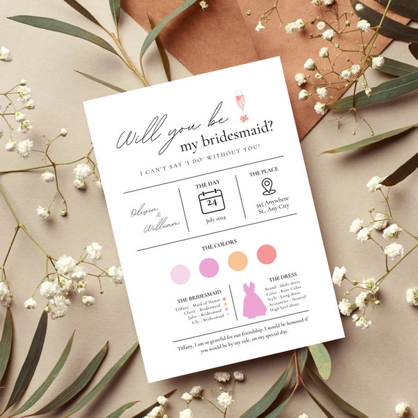 Editable Bridesmaid Information Card, Bridal Party Information Template, Bridal Proposal Card, Infographic, Edit with Canva, Bridesmaid gift