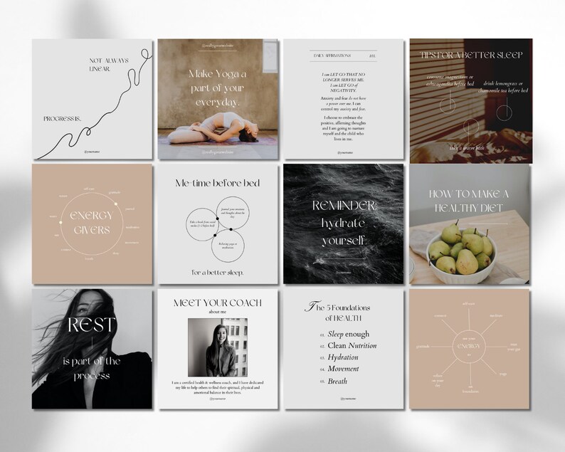 IDEAL FOR:
-Nutrition Coaches
Coaching
-Health Coaches
-Life Coaches
-Self Care Coaches
-Self Help Coaches
-Yoga Teachers
-Creative content
Creative posts

Instagram Premium Templates for coaches.
Contains Carousel Posts.
Creative design.