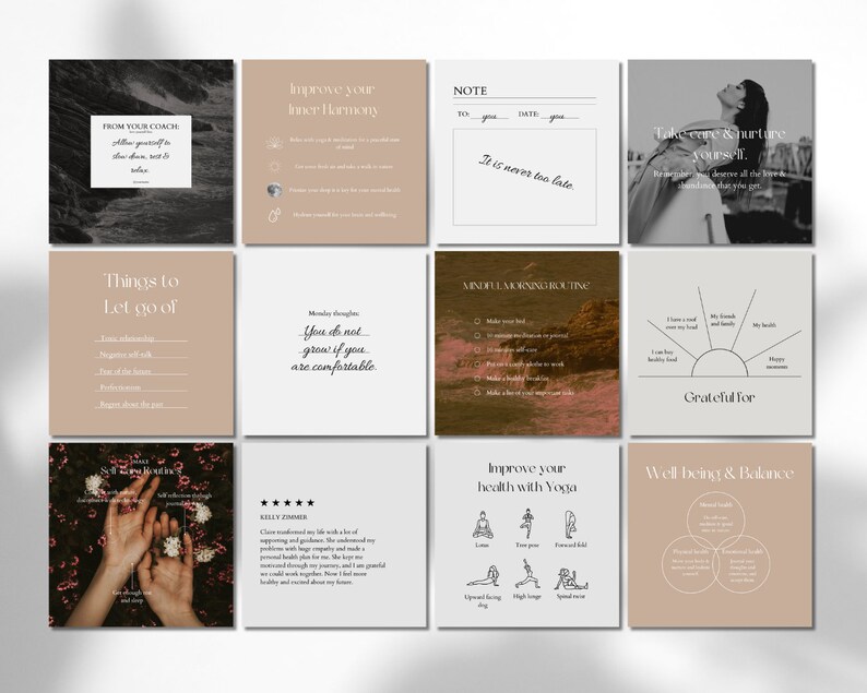IDEAL FOR:
-Nutrition Coaches
Coaching
-Health Coaches
-Life Coaches
-Self Care Coaches
-Self Help Coaches
-Yoga Teachers
-Creative content
Creative posts

Instagram Premium Templates for coaches.
Contains Carousel Posts.
Creative design.
