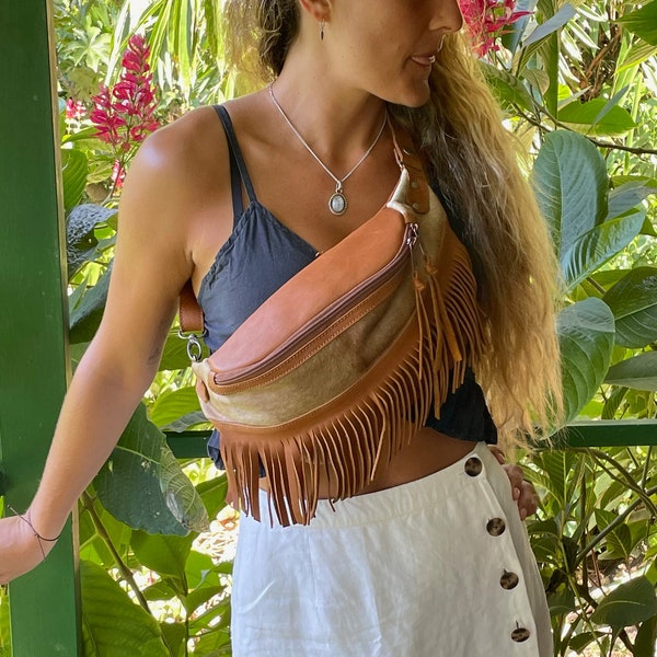 Genuine Leather Fringe Bumbag, Hand-Made in Guatemala with Authentic Tapestry