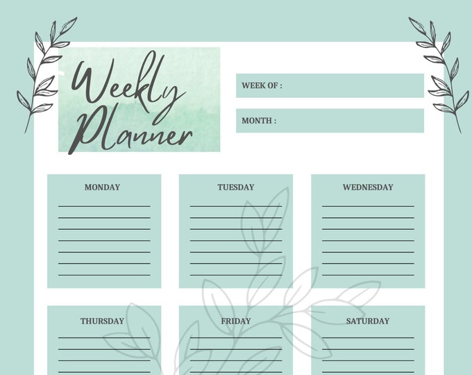Floral Leaf Weekly Planner, Printable Weekly Minimal Planner - Etsy
