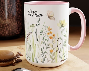 Watercolor Abstract Meadow With Flowers, Leaves and Butterflies, Mother's Day Two-Tone Coffee Mugs, 15oz, Happy Mother's Day, Mom Gift