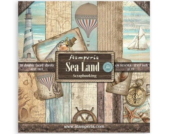 May include: A pack of 10 double-sided scrapbook paper sheets with a nautical theme. The paper features a variety of images, including lighthouses, sailboats, hot air balloons, and seashells. The paper is acid-free and measures 30.5x30.5 cm.