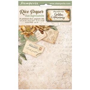 May include: A pack of 8 printed rice papers in A6 size (4.13 x 5.83 inches) with a vintage floral design featuring sunflowers, leaves, and handwritten text. The pack is labeled "Stamperia Golden Harmony" and "Rice Paper Backgrounds".