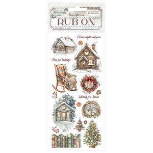 Puede incluir: Una lámina de transferencias para frotar para decoración, con ilustraciones de invierno y temática navideña. Los diseños incluyen cabañas acogedoras, una mecedora con un búho, una corona y un árbol de Navidad. La lámina mide 10,16 x 21,6 cm.