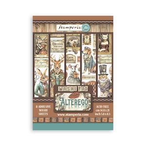 Puede incluir: Un bloc de cinta washi con 8 hojas adhesivas que presentan ilustraciones caprichosas de animales, plantas y texto. El bloc se titula "Alterego" y es libre de ácido. Las dimensiones son 14,8 cm x 21 cm o 5,8 pulgadas x 8,3 pulgadas.