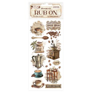 Puede incluir: Una lámina de película de transferencia para frotar para decoración, con ilustraciones temáticas de café. Los diseños incluyen tazas de café, granos, un molinillo y los textos "Cocoa Essence", "Coffee Break", "Excelso Cafe", "Cafe" y "Old Coffee". La lámina mide 16,16 x 21,6 cm.