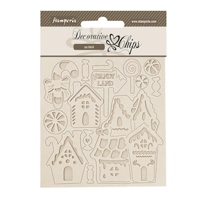 May include: A package of decorative chips featuring gingerbread houses, candy canes, and lollipops. The package is labeled "Decorative Chips" and measures 14x14 cm. The design includes a "Candy Land" sign and various candy-themed cutouts.