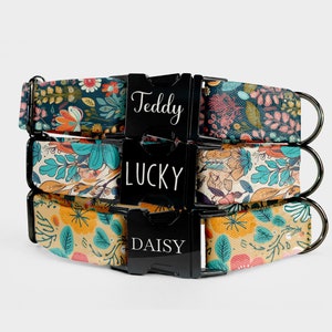 Floral Dog Collar and Leash Set: Personalized Engraved Name, Adjustable Fit Collar