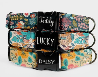 Floral Dog Collar and Leash Set: Personalized Engraved Name, Adjustable Fit Collar