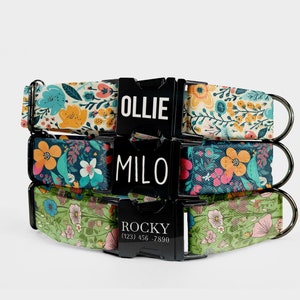 Floral Custom Dog Collar: Engraved Name, Adjustable Canvas Collar