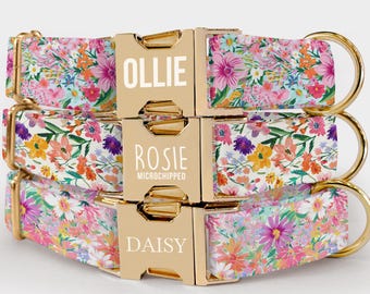 Blush Floral Dog Collar: Custom Engraved, Spring Flower Girl Collar