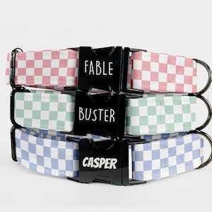 Checkered Dog Collar & Leash Set: Personalized Engraved Buckle