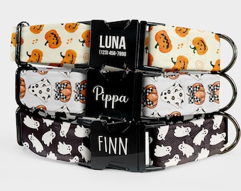 Halloween Dog Collar and Leash – Personalized Custom Name & Phone Number Engraved, Pumpkin Ghost Print, Water Repellent Fabric