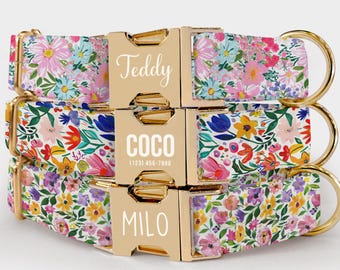 Floral Dog Collar: Custom Engraved ID, Spring Flowers, Adjustable