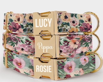 Vintage Floral Dog Collar: Custom Engraved ID, Adjustable Puppy Collar