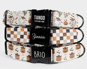 Halloween Western Dog Collar Leash Set – Personalized Pet Collar with Custom Name Engraved, Cowboy Pumpkin Print, Water Repellent Fabric