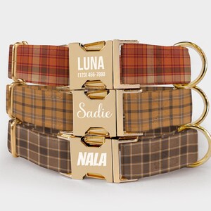 Plaid Dog Collar and Leash Set – Personalized Pet Collar with Custom Name Engraved, Tartan Check Fall Colors, Water Repellent Fabric