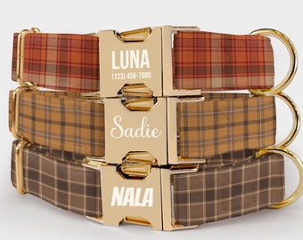 Plaid Dog Collar and Leash Set – Personalized Pet Collar with Custom Name Engraved, Tartan Check Fall Colors, Water Repellent Fabric