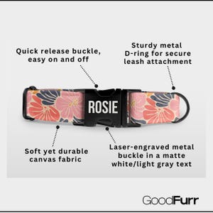 Floral Dog Collar: Custom Engraved, Adjustable Metal Buckle, Dog Lover Gift image 2