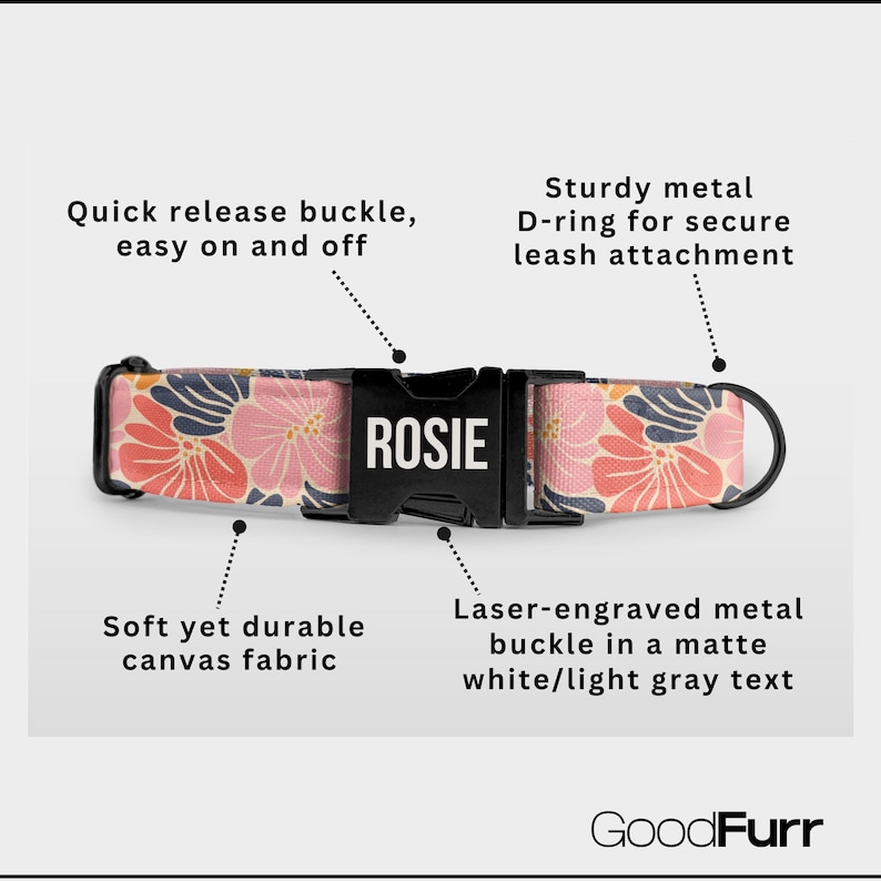 Floral Dog Collar: Custom Engraved, Adjustable Metal Buckle, Dog Lover Gift image 2