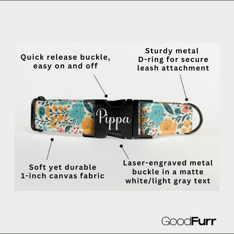 Floral Custom Dog Collar: Engraved Name, Adjustable Canvas Collar image 2