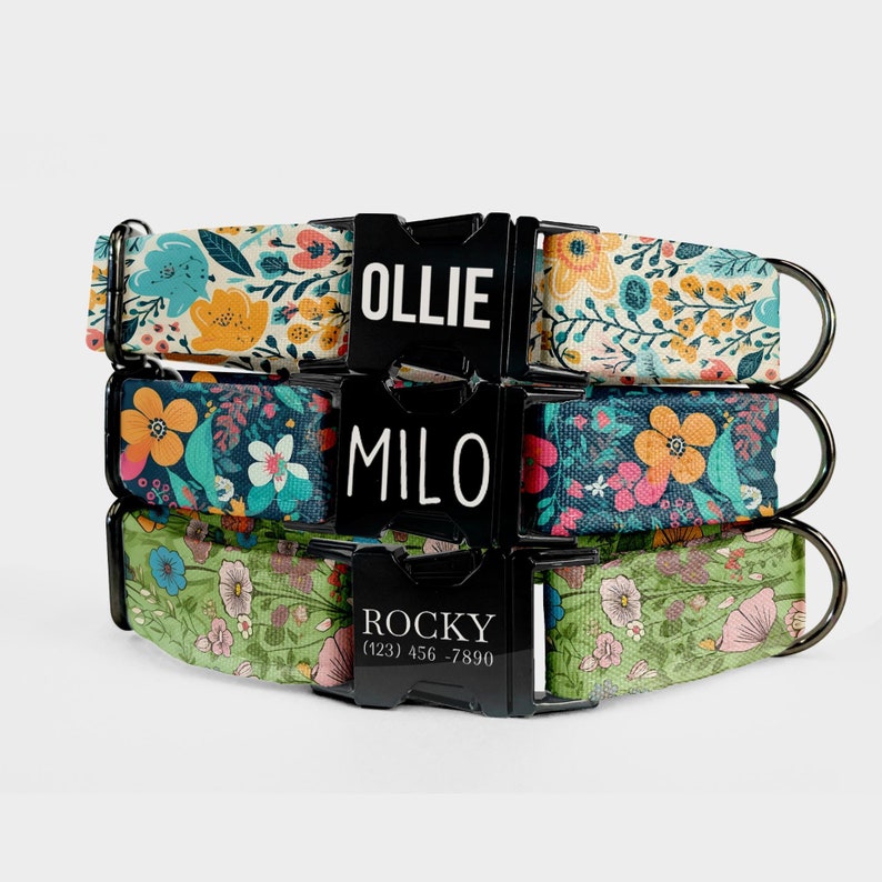 Stylish dog collar handmade in the US with a durable zinc alloy buckle, slide-adjuster, and large D-ring on soft, sturdy canvas. Personalize with your dog's name laser-engraved on the metal buckle in matte light gray text. Guaranteed satisfaction.