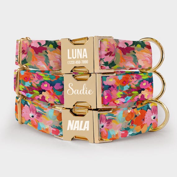 Watercolor Floral Dog Collar and Leash  – Personalized Pet Collar with Custom Engraved Name & Phone Number, Adjustable Water Repellent