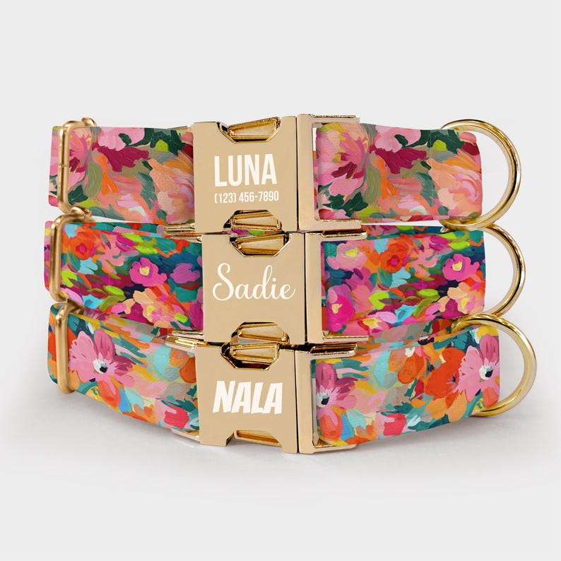 Watercolor Floral Dog Collar w/ Custom Engraved Name | Personalized New Puppy Gift | Spring Summer Flower Adjustable Girl Collar | Leash Set