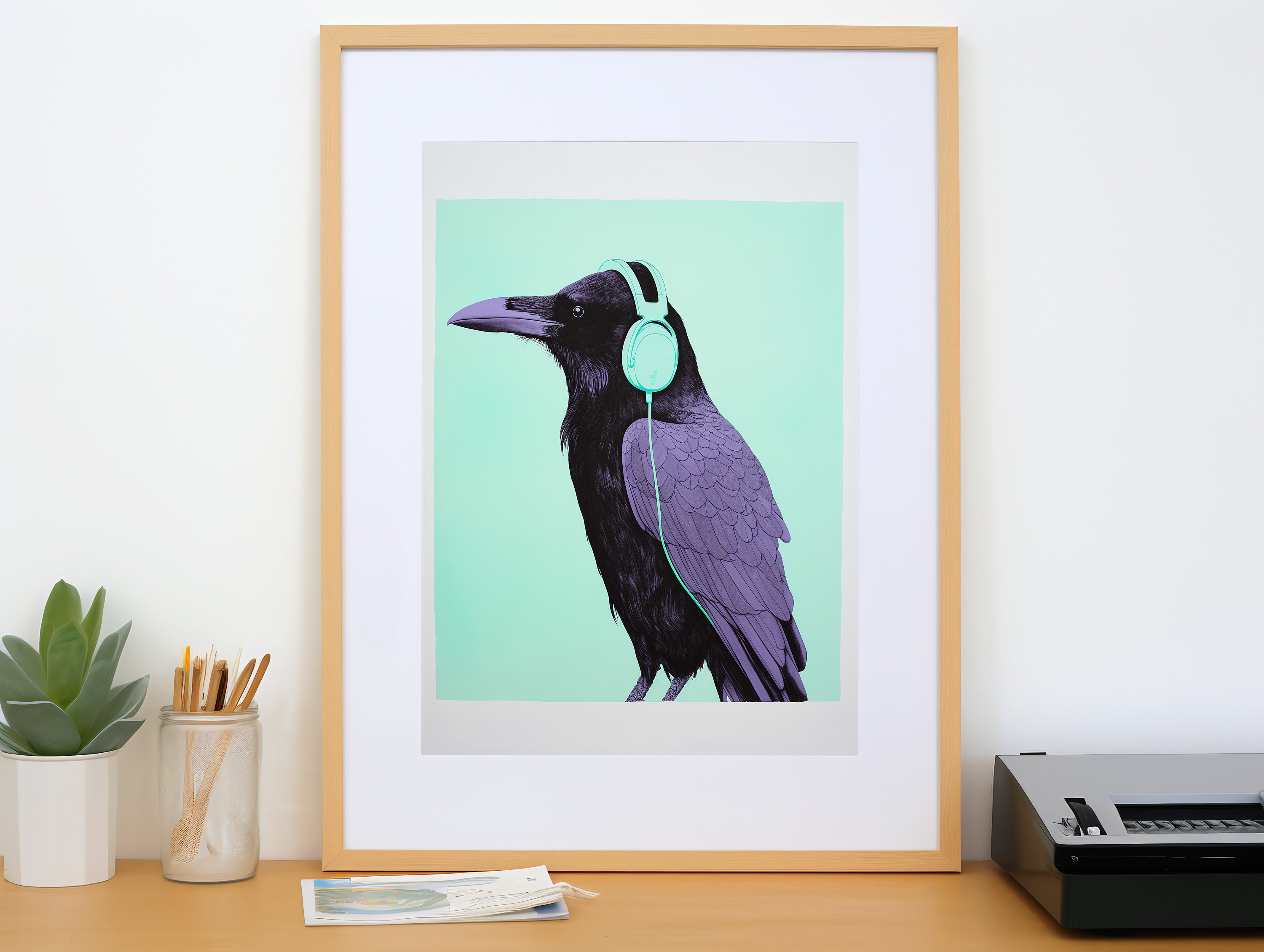 Whimsical Raven Wearing Headphones Digital Art Print, Animal and