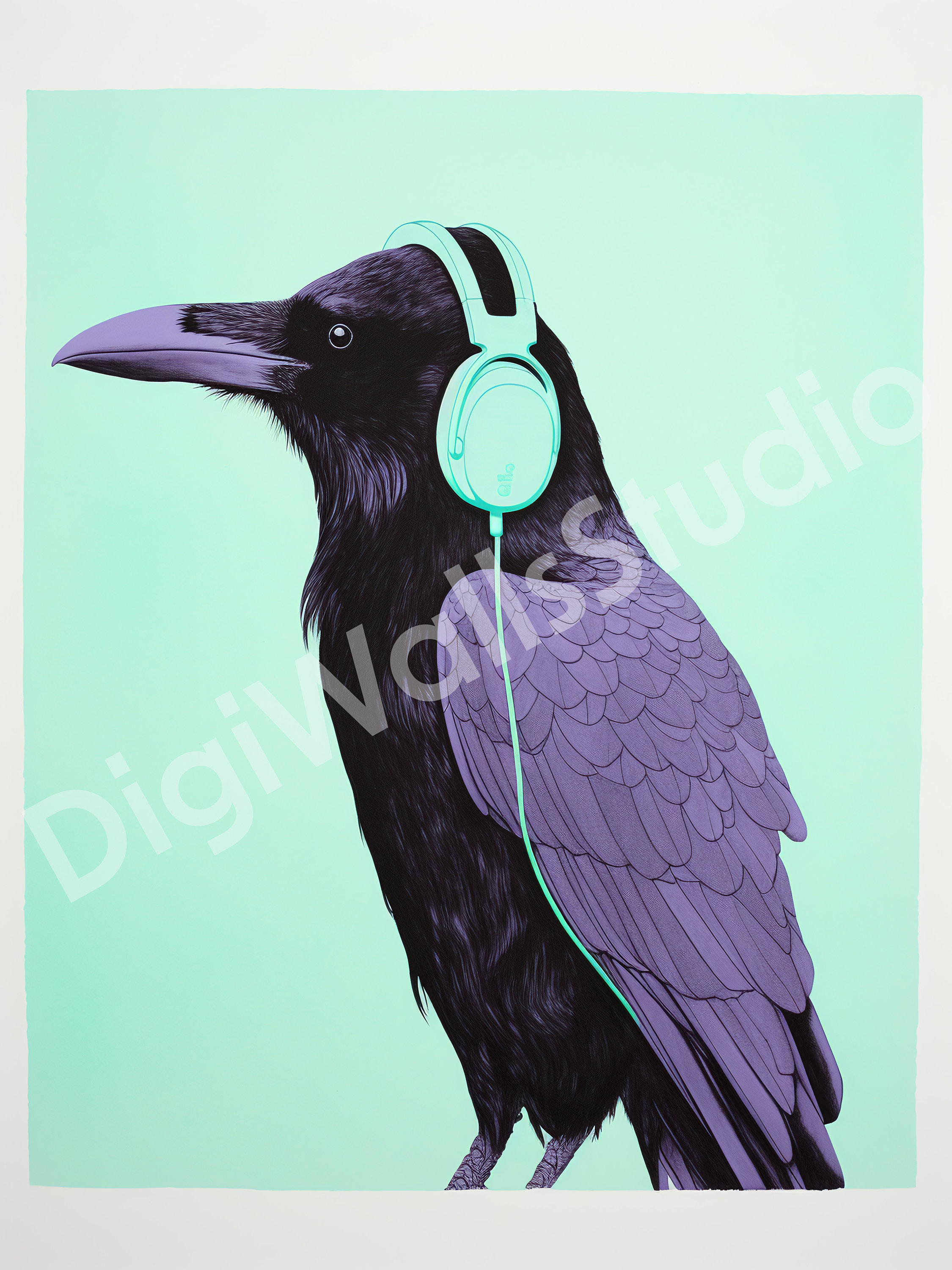 Whimsical Raven Wearing Headphones Digital Art Print, Animal and