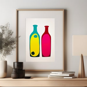 Impressão de arte moderna em serigrafia de garrafas coloridas e minimalistas, arte moderna minimalista para download