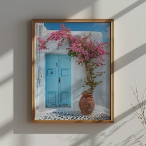 Pink Bougainvillea Floral Printable Wall Art, Italy floral art, Pink flower digital print, Light Blue Door, floral photography