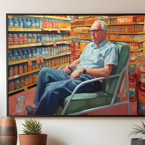 Lounging in the supermarket oil painting, downloadable modern life art print