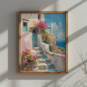 Pink Bougainvillea Floral Printable Wall Art, Mediterranean Flower painting, Italy Greece floral art,Light Blue European coastal digital Art