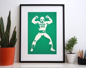 Lucha Libre Minimalist Poster, Wrestling Art, Green Lucha Libre Digital Download, Retro Luchador Trendy Art Printable, Preppy Poster