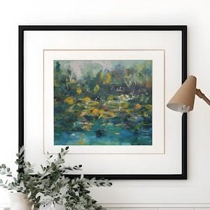 Peaceful Abstract Lake Scene, Landscape Printable, Lake Oil Painting, Digital Lake Landscape Print, Abstract Landscape Art, Forest Lake Art