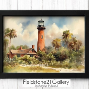 Jupiter Lighthouse - Vintage: Jupiter, Florida, Lighthouse, vintage lighthouse, vintage Florida art, Florida art, coastal art, vintage art
