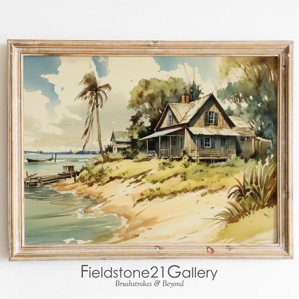 Old Florida - House at East Coast Vintage Watercolor,North Carolina Beach, Coastal Art,Beach House Art, Beach Print, Vintage Coastal, inlet