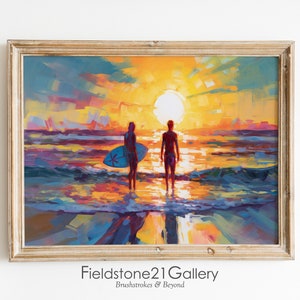 Alba e amico - Surfisti - Pittura a olio astratta, Arte costiera, Arte della casa sulla spiaggia, Stampa sulla spiaggia, Arte surfista, Stampa surf, Oceano astratto