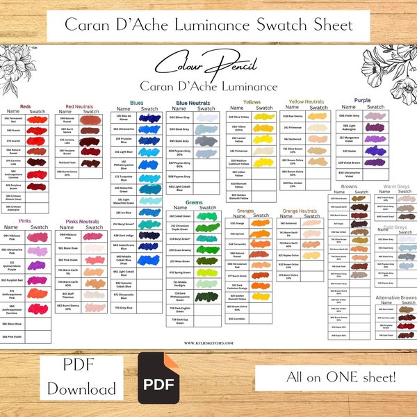 Caran D'Ache Luminance Colour Pencil Swatch Single Sheet Color Swatch Chart Swatch Template Colour Pencil Swatches Colour Pencil Tools