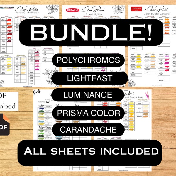 Bundle Colour Pencil Swatch Sheets Popular Colour Pencil Brands Prisma Colour Carandache Luminance Polychromos Derwent Lightfast Swatches