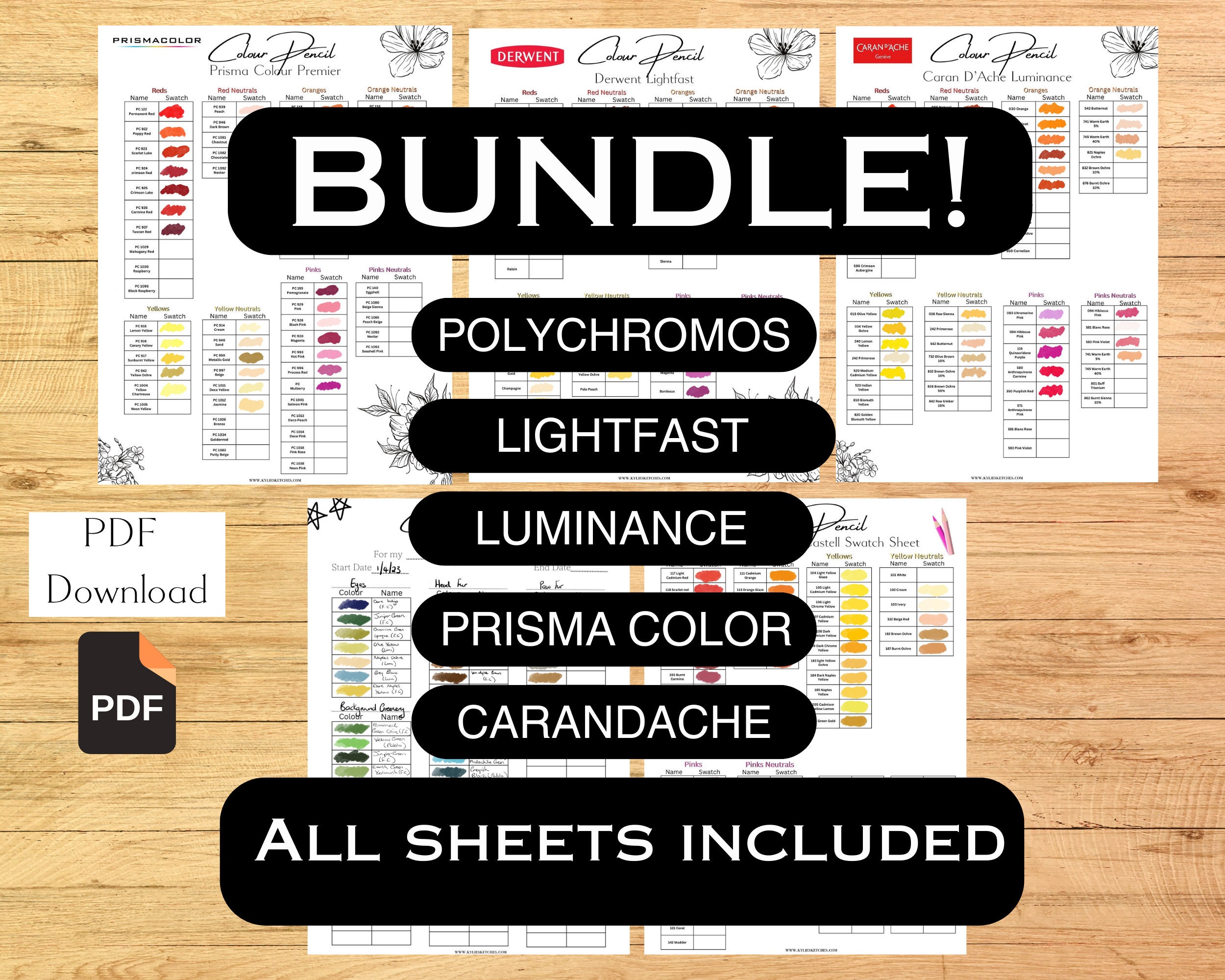 Bundle Colour Pencil Swatch Sheets Popular Colour Pencil Brands Prisma Colour Carandache Luminance Polychromos Derwent Lightfast Swatches