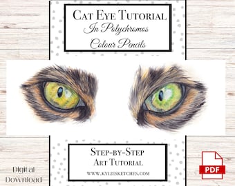 May include: Digital download of a step-by-step art tutorial. The image features two detailed drawings of cat eyes with yellow and green irises, surrounded by brown and black fur. Text reads "Cat Eye Tutorial In Polychromos Colour Pencils."