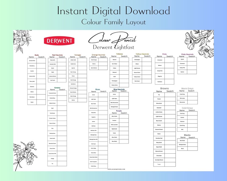 Derwent Lightfast Colour Pencil Swatch Single Sheet Color Swatch Chart ...