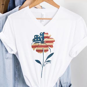 Watercolor American Flag Flower V-Neck Shirt, USA Est 1776 Graphic Tee, 4th of July Vneck, Soft Patriotic Shirt for Women
