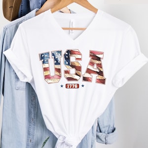 USA 1776 V-Neck Shirt | Vintage American Flag Tee | 4th of July Shirt for Women | Patriotic Graphic Tee | Bella Canvas Vneck T-Shirt