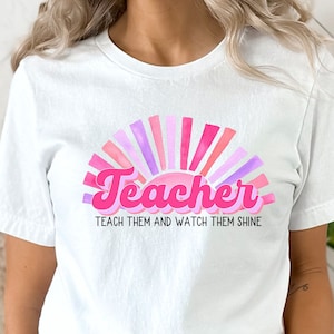Retro Teacher Shirt Bright Pink Sun Hot Pink Back to School T-Shirt First Grade Tee Gift for Elementary Pre-K Kindergarten Teacher